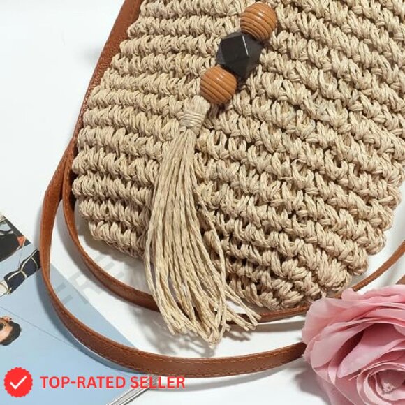Handwoven Straw Crossbody Bag Boho Chic Summer Beach Purse with Tassels - Picture 8 of 8